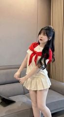 VGU1056 - SET ÁO THUN TRẮNG - CHÂN VÁY XẾP LY NGẮN ( KÈM KHĂN CỜ ĐỎ SAO VÀNG)