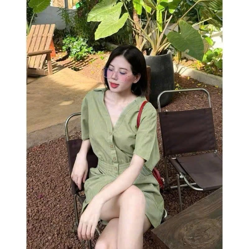 KS1165 - JUM CỔ TIM PHỐI EO THUN - XANH LÁ