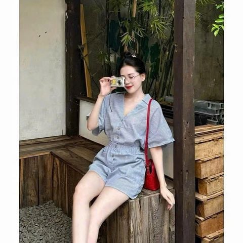 KS1164 - JUM CỔ TIM PHỐI EO THUN - SỌC XANH DƯƠNG