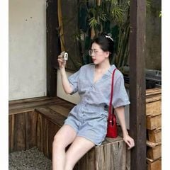 KS1164 - JUM CỔ TIM PHỐI EO THUN - SỌC XANH DƯƠNG