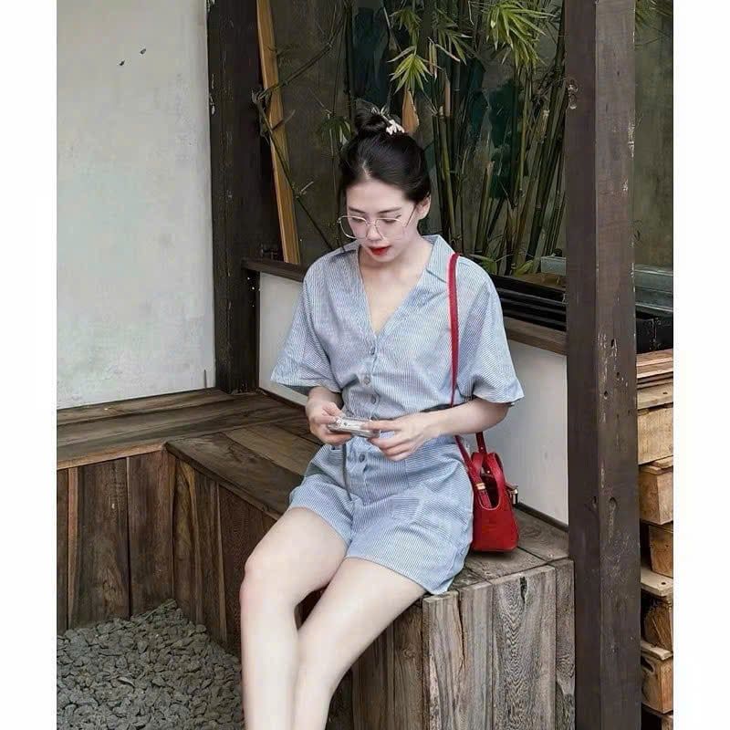 KS1164 - JUM CỔ TIM PHỐI EO THUN - SỌC XANH DƯƠNG