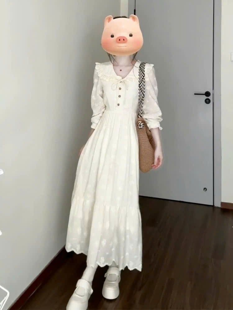 VGU1200 ĐẦM HOA THÊU TAY DÀI CỔ BÈO CAO CẤP