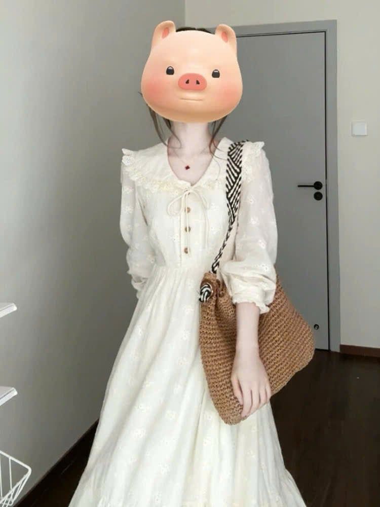 VGU1200 ĐẦM HOA THÊU TAY DÀI CỔ BÈO CAO CẤP