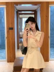 VGU1218 ĐẦM CỔ V KÈM NỊT (KEM)