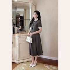 KS1154 SET SƠMI NÚT NGỌC CỔ PHỐI NƠ, CV DÀI (XÁM)