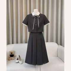 KS1154 SET SƠMI NÚT NGỌC CỔ PHỐI NƠ, CV DÀI (XÁM)