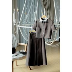 KS1154 SET SƠMI NÚT NGỌC CỔ PHỐI NƠ, CV DÀI (XÁM)