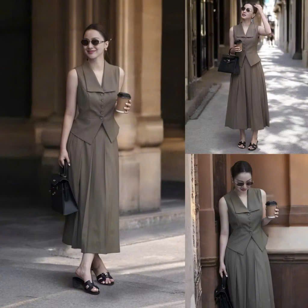 KS1211 - SET ÁO SÁT NÁCH, CHÂN VÁY DÀI XẾP LY NÂU