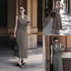 KS1211 - SET ÁO SÁT NÁCH, CHÂN VÁY DÀI XẾP LY NÂU