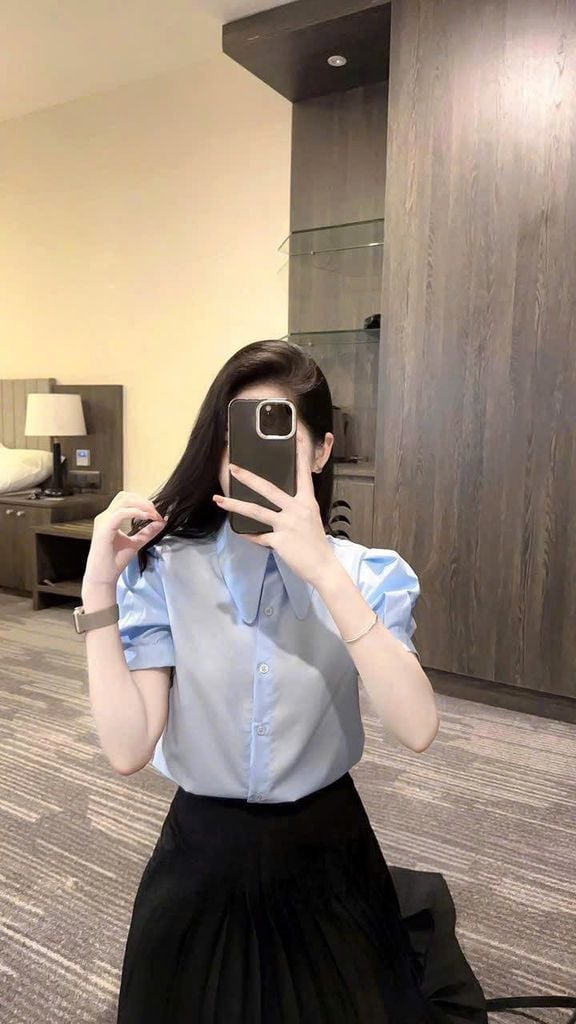 TQ4619 - SET CÔNG SỞ CC ÁO SƠ MI XANH - CHÂN VÁY PHỐI LI ĐEN