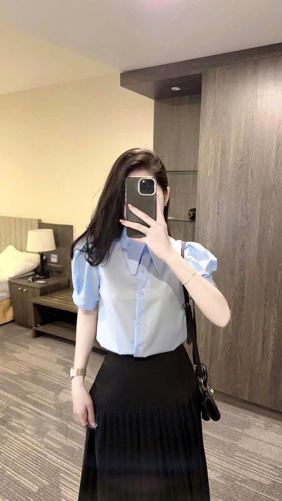 TQ4619 - SET CÔNG SỞ CC ÁO SƠ MI XANH - CHÂN VÁY PHỐI LI ĐEN