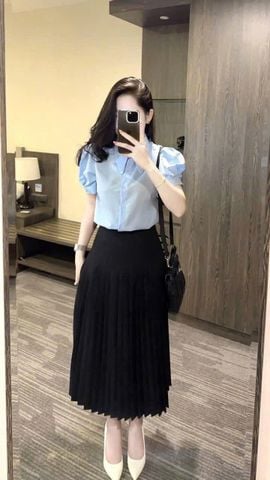 TQ4619 - SET CÔNG SỞ CC ÁO SƠ MI XANH - CHÂN VÁY PHỐI LI ĐEN