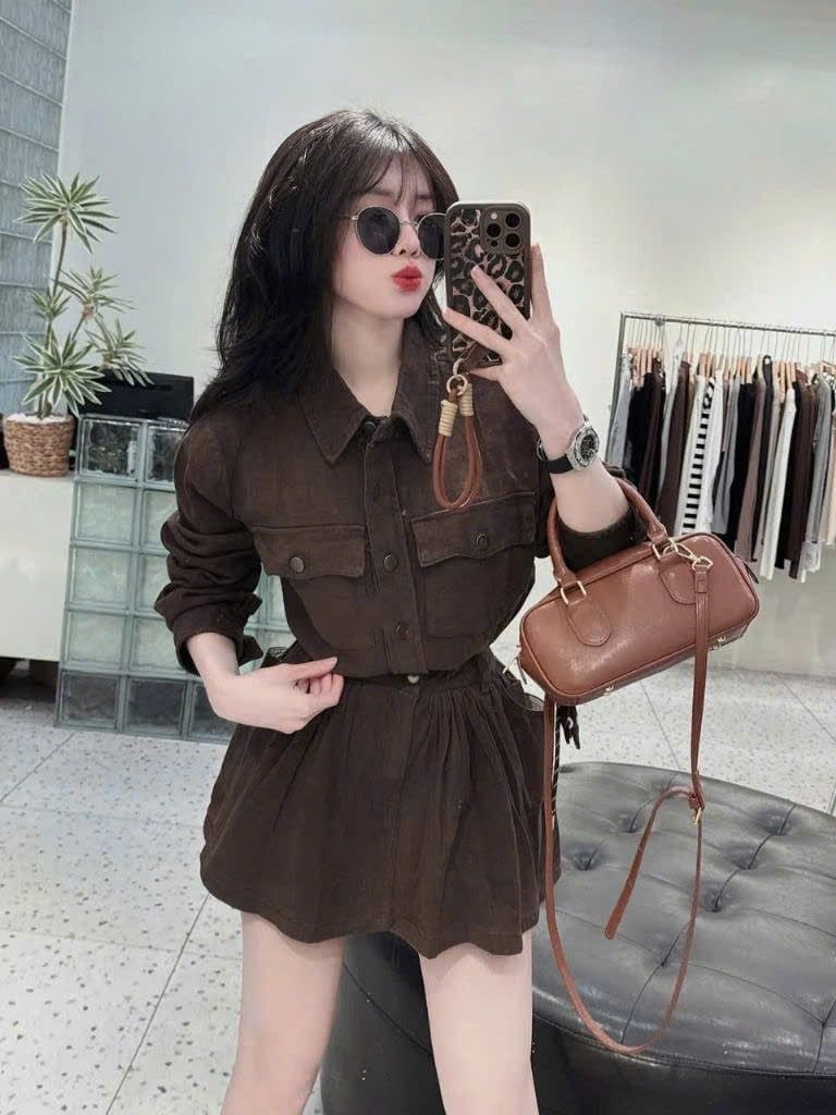 TB8196 - SET ÁO SƠ MI TAY DÀI + CHÂN VÁY NGẮN - MÀU NÂU