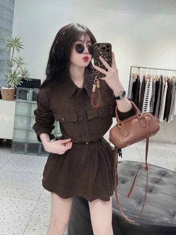 TB8196 - SET ÁO SƠ MI TAY DÀI + CHÂN VÁY NGẮN - MÀU NÂU