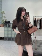 TB8196 - SET ÁO SƠ MI TAY DÀI + CHÂN VÁY NGẮN - MÀU NÂU