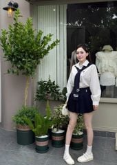 VGU1467 - SET ÁO SƠMI TRẮNG + C.VÁY XẾP LY XANH ĐEN (KÈM KHĂN CHOÀNG)