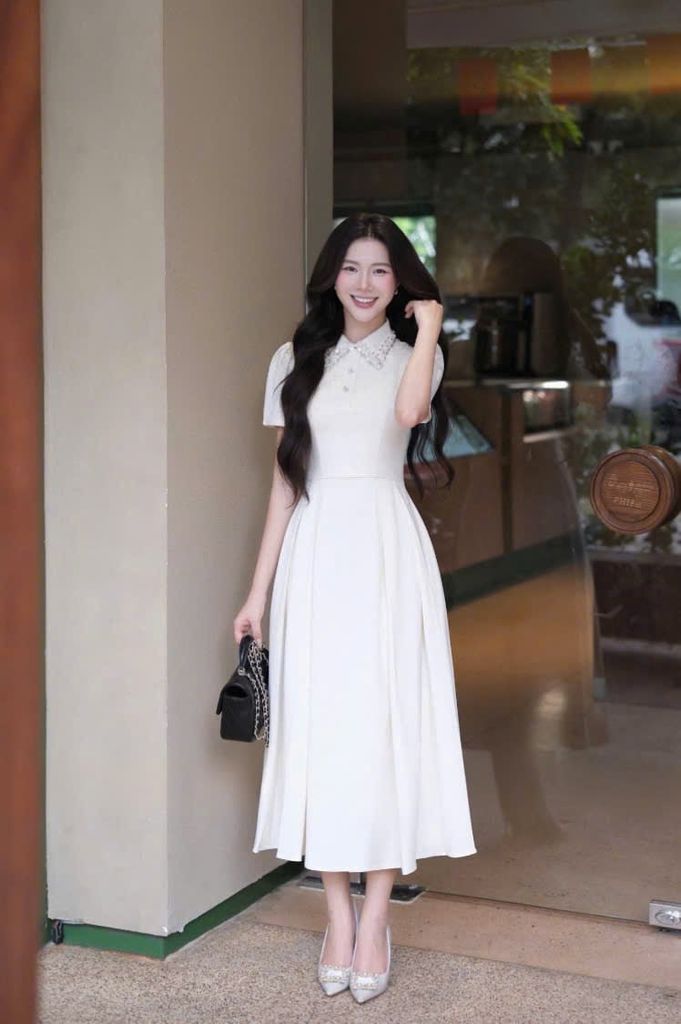 VGU1629 ĐẦM KEM CỔ KẾT CƯỜM PHỐI REN