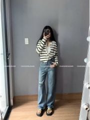 LEN4416 KHOÁC LEN SỌC NÚT KIM LOẠI (NÂU)