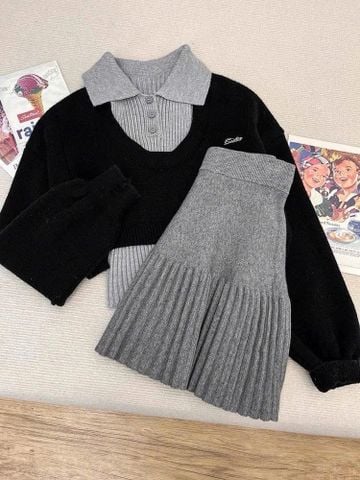 LEN4438 SET ÁO LEN CROPTOP CỔ U + ÁO SÁT NÁCH CỔ BẺ (ĐEN)