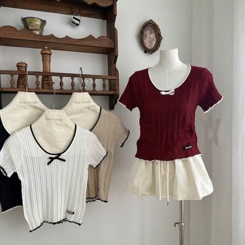 LEN4443 ÁO LEN CỔ U NƠ PHỐI VIỀN (ĐỎ)