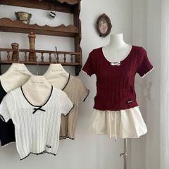 LEN4443 ÁO LEN CỔ U NƠ PHỐI VIỀN (ĐỎ)