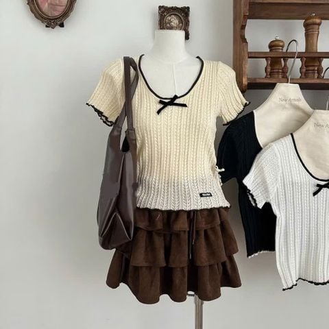 LEN4444 ÁO LEN CỔ U NƠ PHỐI VIỀN (KEM)