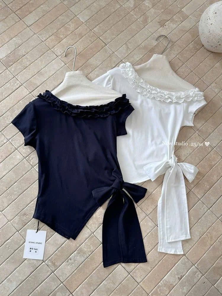 KS1438 - ÁO TRỄ VAI CỘT DÂY EO (TRẮNG) - ÁO LẺ