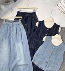 TB9081 - SET JEAN SÁT NÁCH PHỐI TÚI + QUẦN DÀI (XANH ĐẬM)
