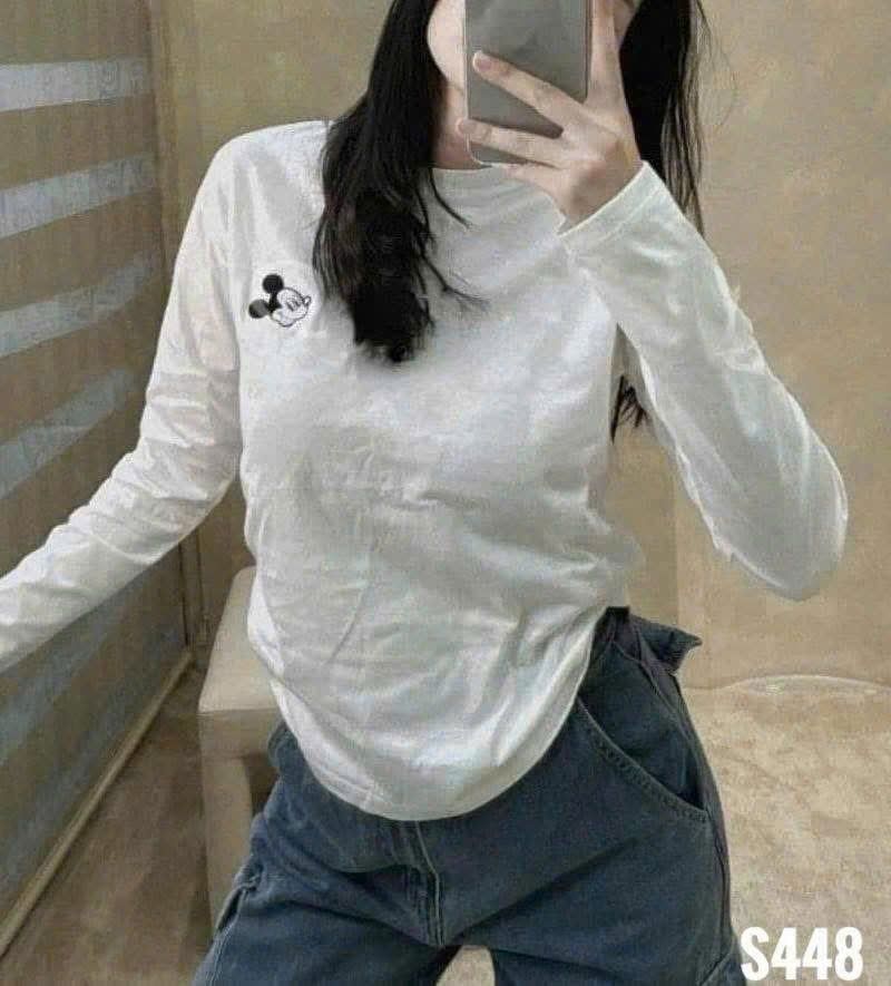 VGU1655 - ÁO THUN TAY DÀI THÊU MICKEY ( ÁO LẺ ) - MÀU TRẮNG