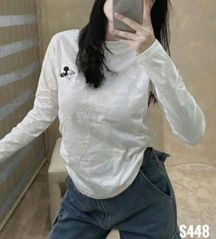 VGU1655 - ÁO THUN TAY DÀI THÊU MICKEY ( ÁO LẺ ) - MÀU TRẮNG