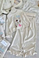 VGU1673 SET ÁO TAY DÀI IN HÌNH - QUẦN DÀI PHỐI BÈO (KEM)