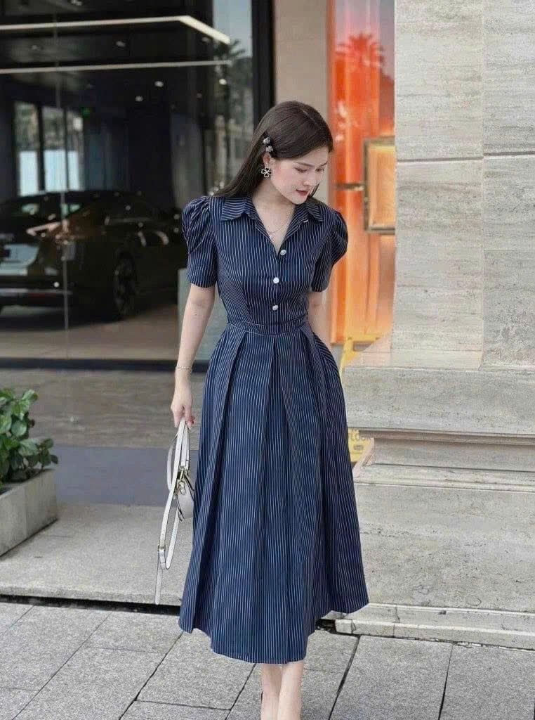 VGU1702 - ĐẦM TAY BỒNG SỌC XANH