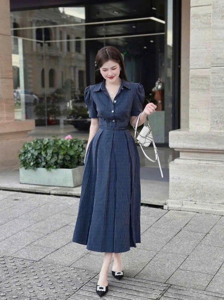 VGU1702 - ĐẦM TAY BỒNG SỌC XANH