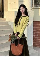 LEN4633 ÁO LEN NƠ TAY DÀI NÚT NGỌC (X.ĐẬU)