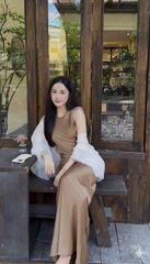 VGU1765 ĐẦM LỤA KÈM KHOÁC + TAG (NÂU)