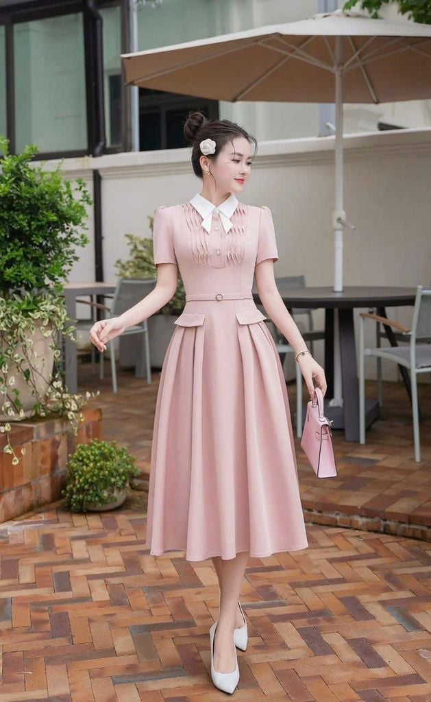 SKY9558 - ĐẦM HỒNG CỔ SƠ MI