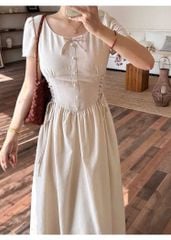 VGU1669 - ĐẦM DÁNG DÀI THẮT DÂY 2 BÊN EO MÀU KEM
