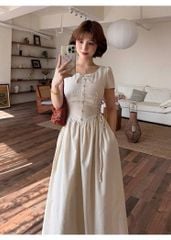VGU1669 - ĐẦM DÁNG DÀI THẮT DÂY 2 BÊN EO MÀU KEM