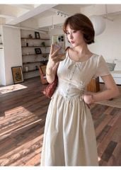 VGU1669 - ĐẦM DÁNG DÀI THẮT DÂY 2 BÊN EO MÀU KEM