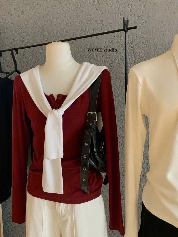 LEN4974 ÁO THUN TAY DÀI PHỐI NÚT WGWE (ĐỎ)