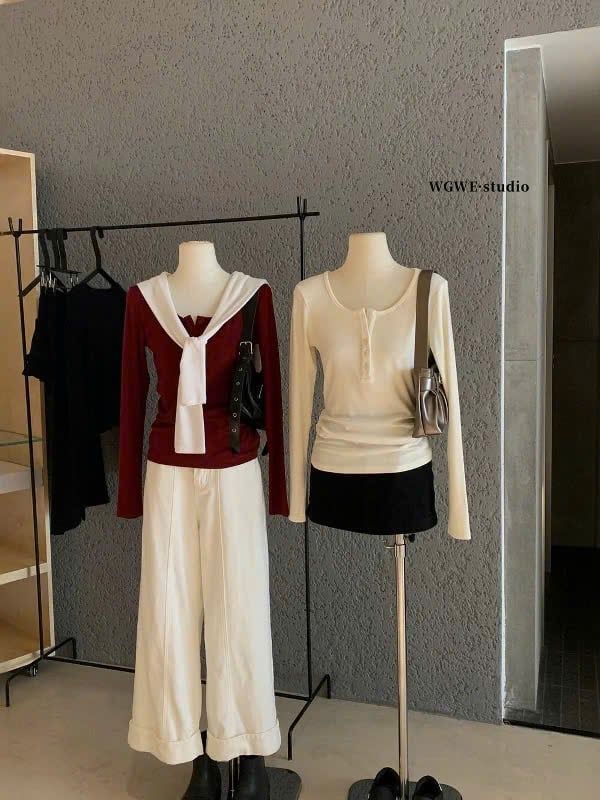 LEN4974 ÁO THUN TAY DÀI PHỐI NÚT WGWE (ĐỎ)