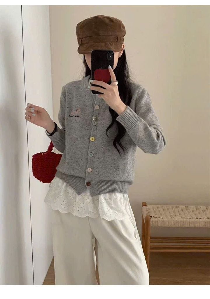 LEN5040 CARDIGAN LEN HOA NÚT NGỌC (ĐỎ)