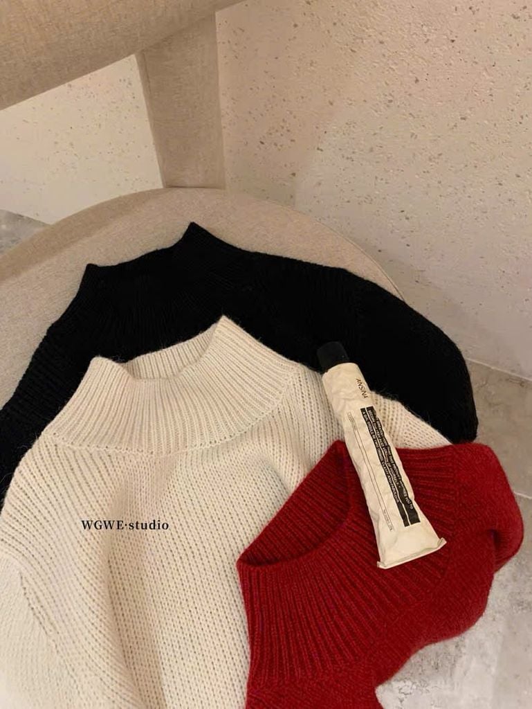 LEN4938 ÁO LEN CỔ LỌ TAY NGẮN (KEM) 8852