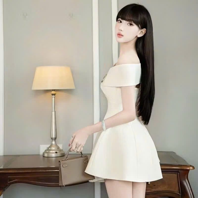 VGU1815 - ĐẦM CÚP NGỰC - KÈM DÂY CHOÀNG VAI - MÀU KEM