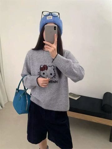 LEN5250 ÁO LEN MÈO KITTY CHẠY VIỀN (XÁM)