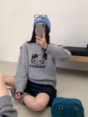 LEN5250 ÁO LEN MÈO KITTY CHẠY VIỀN (XÁM)