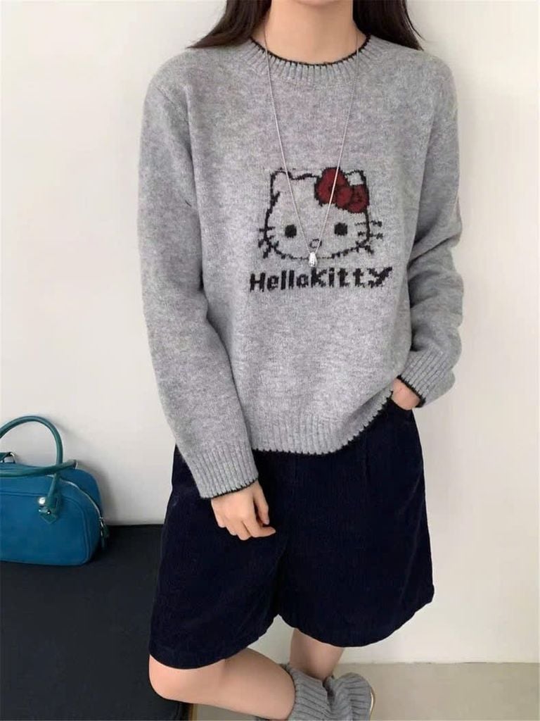 LEN5250 ÁO LEN MÈO KITTY CHẠY VIỀN (XÁM)