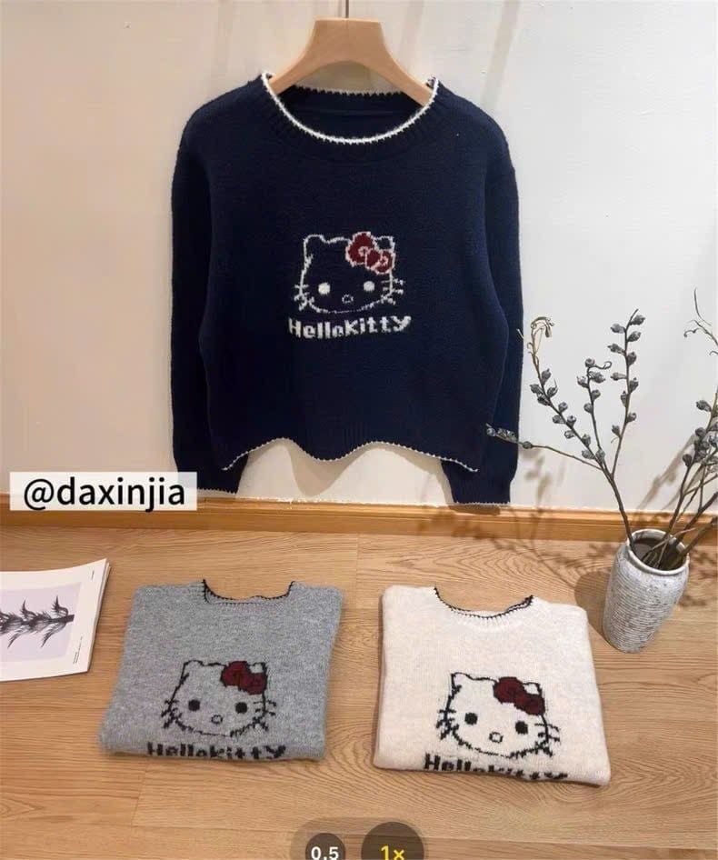 LEN5250 ÁO LEN MÈO KITTY CHẠY VIỀN (XÁM)