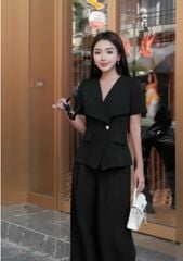 VGU1933 SET ÁO CỔ V VẠT CHÉO TAG HOA - QUẦN TÂY SUÔNG (ĐEN)