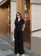 VGU1933 SET ÁO CỔ V VẠT CHÉO TAG HOA - QUẦN TÂY SUÔNG (ĐEN)